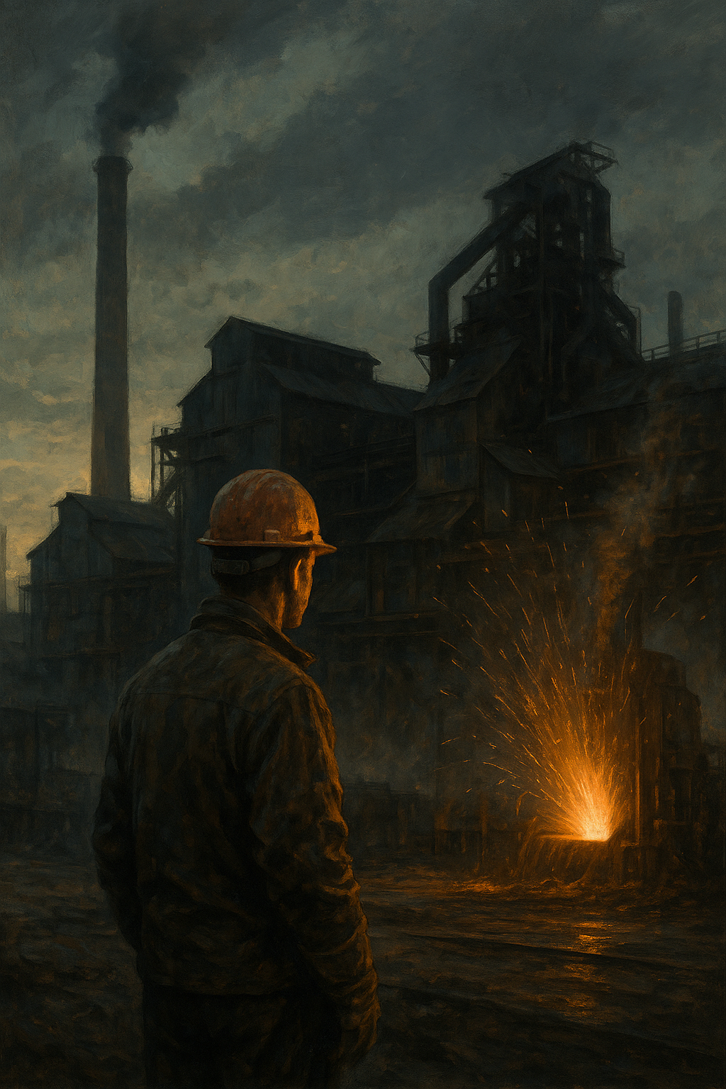 Steel mill shutting down at twilight with worker watching arc furnace